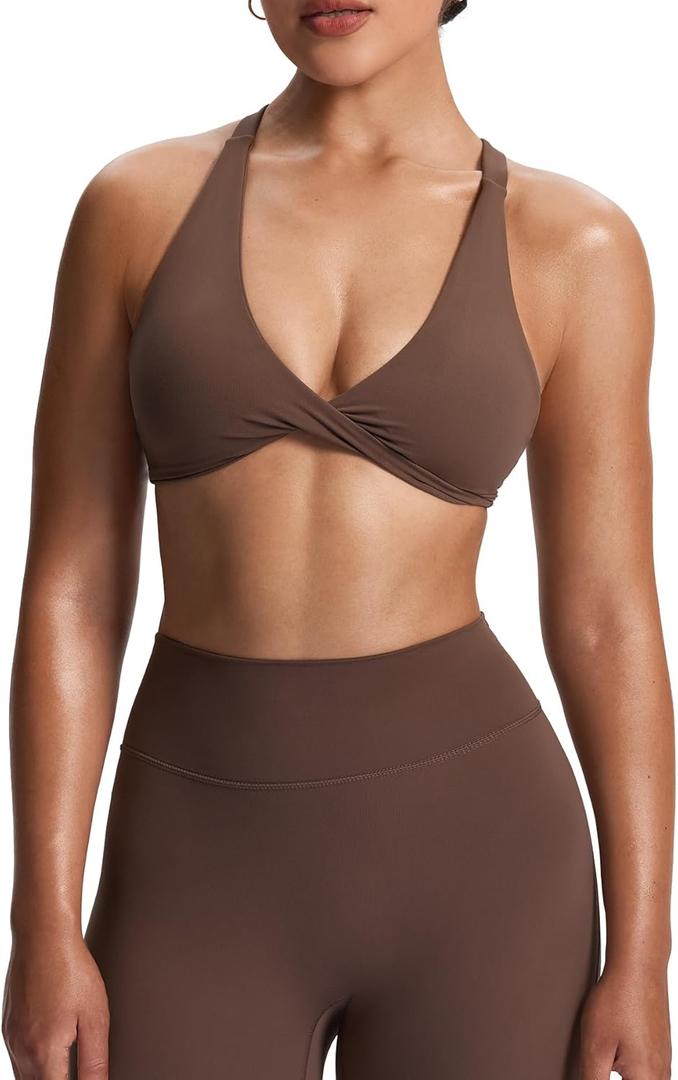 Aoxjox Women's Workout Sports Bras Fitness Satara Low Impact Bra Yoga Crop Tank (Fudge Coffee, Small)