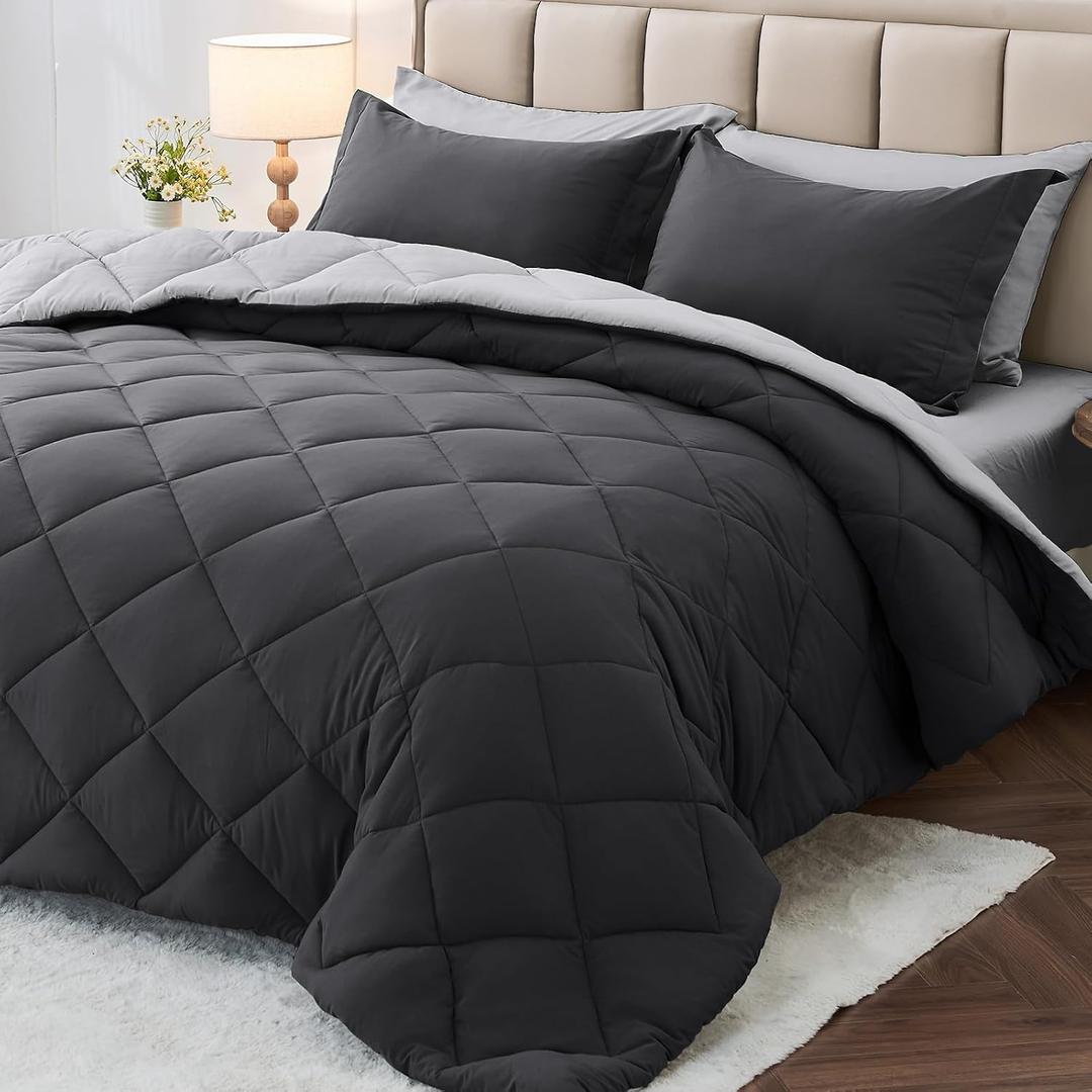 MUXHOMO 7 Pieces Oversized King Comforter Set, Reversible Bed in a Bag Oversized King Size, All Season Bedding Set with Comforter, Flat Sheet, Fitted Sheet, Pillowcases & Shams, Dark Grey & Light Grey