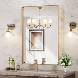 LOAAO 24X36 Gold Bathroom Mirror, Rounded Rectangle Gold Frame Mirror, Brushed Gold Bathroom Vanity Mirror Wall-Mounted, Anti-Rust, Hangs Horizontally or Vertically