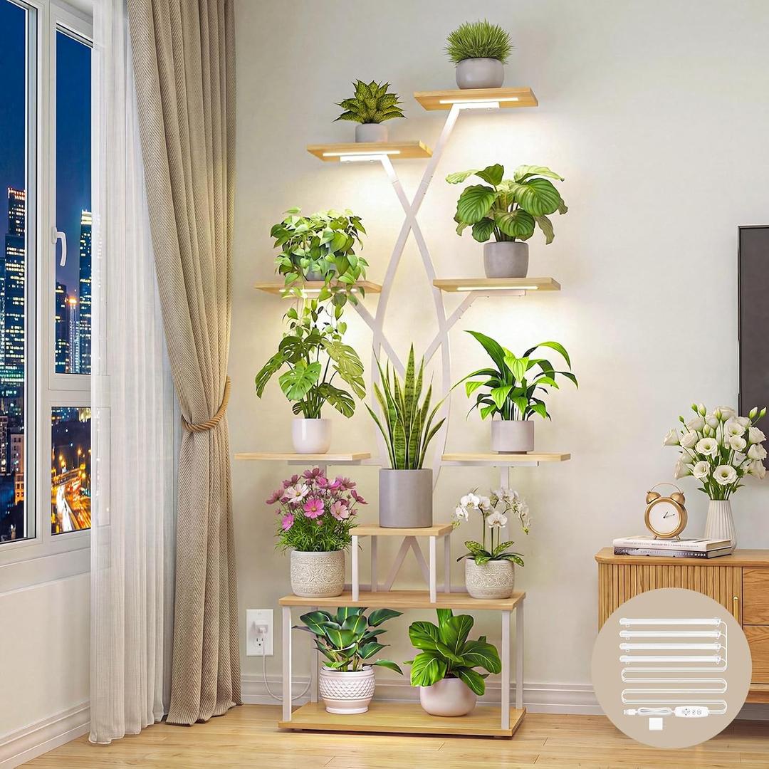9 Tier 66" Tall Plant Stand with Grow Lights for Indoor Plants（White）