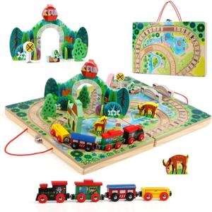 Joqutoys 18 Piece Train Set for Toddlers, Wooden Take-Along Tabletop Railroad for Kids Age 3+, Portable Durable Train Tracks Train Toys with 4 Trains, Bridge, Play Pieces