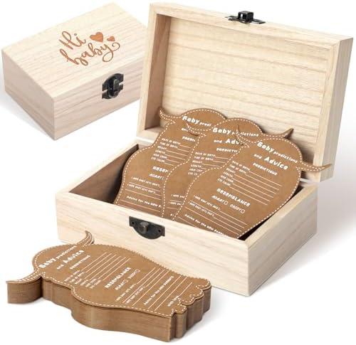 RattanView 30 Pcs Highland Cow Baby Prediction Cards Highland Cattle Predictions and Advice Cards with Wooden Keepsake Box for Baby Shower Party Guessing Activities Decorations