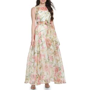 Eliza J Women's Plus Size Gown Style Floral Organza Sleeveless Jewel Neck Dress, Ivory Multi, Size 22 Plus