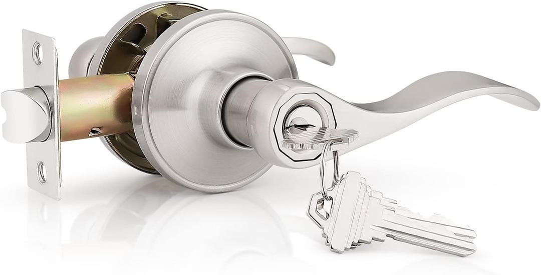 Probrico (1 Pack Entry Door Lever [Lock with 3 Keys],Locking Door Handle Set for Office or Front Door,Satin Nickel Finish Wave Entrance Door Lock with Key, Reversible Right & Left Side Handed