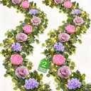 Livole 2Pcs 12 FT Artificial Flower Garland with Lights Pink Fake Roses Peony Floral Garland with Eucalyptus Flower Hanging Vine for Wedding Arch Table Centerpieces Backdrop Party Home Decor