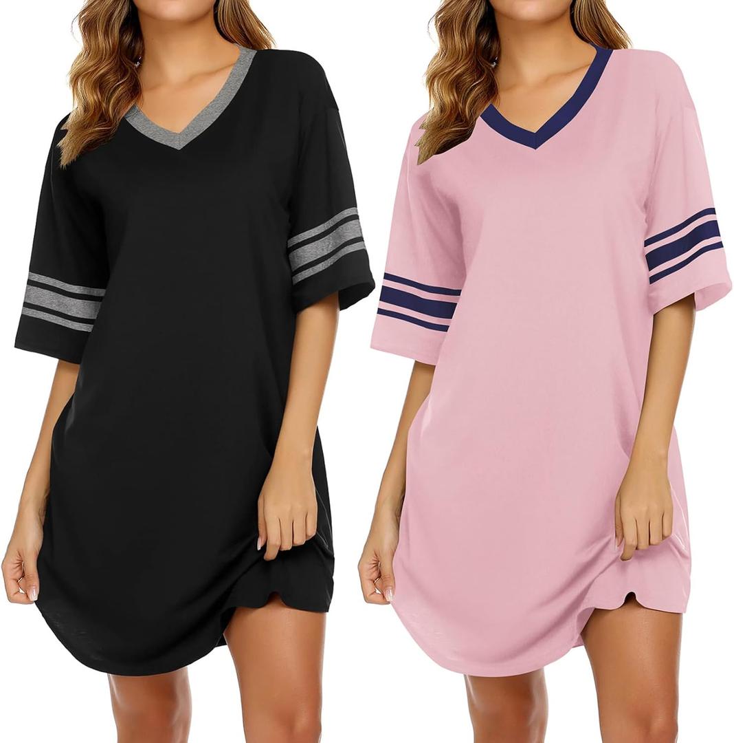 Ekouaer Nightgowns for Women 2 Pack Sleepshirts Short Sleeve Nightshirt V Neck Sleepwear Casual Pajama Dress (X-Large, Black/Pink)