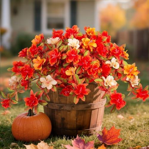 2 PACK Fall Flowers Artificial for Decoration, Fake Silk Rhododendron Flowers for Outdoors, 2 Bundles Faux Azalea Outside UV Resistant No Fade Floral for Home Garden Balcony Walkway Wedding Party Decor