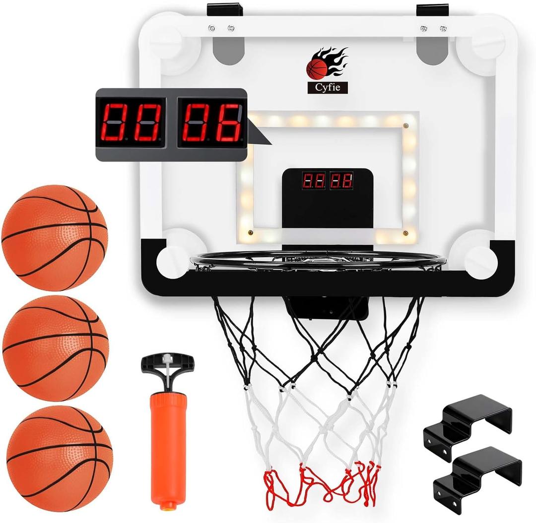 CYFIE LED Basketball Hoop, Suction Cup/Over The Door Basketball Hoop with Sturdy Backboard/Electronic Scoreboard, Sound, 3 Balls, Mini Indoor Basketball Toy Gifts for Kids Teens Boys Girls Youth