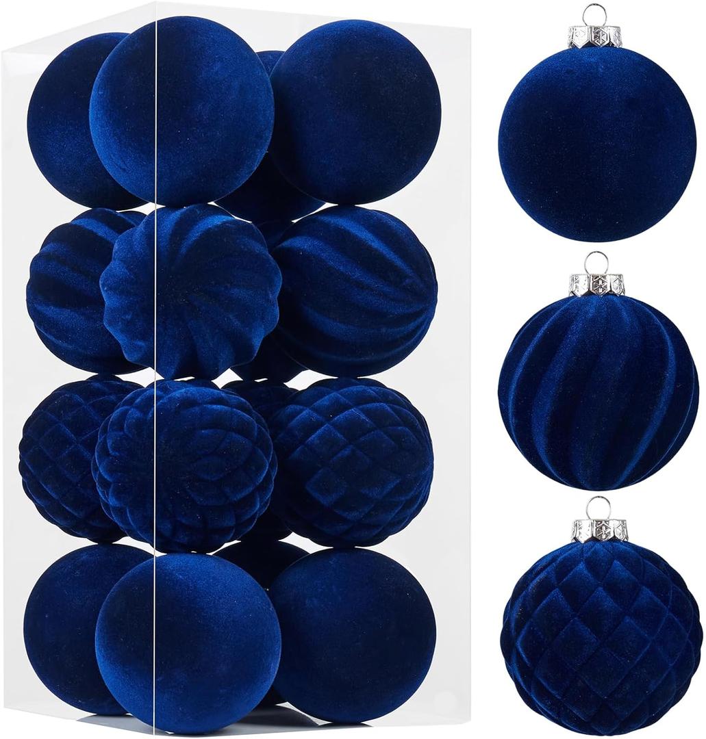 Wironlst Velvet Ornaments for Christmas Tree, 3 Style Flocked Matte Velvet Christmas Ball Ornaments, Shatterproof Decor for Xmas Tree Wedding Holiday Party Home(3.15" 16pcs Blue)