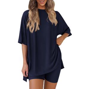 PRETTYGARDEN Women's Two Piece Lounge Set 2025 Summer Casual Oversized Shirts Biker Shorts Matching Airport Travel Outfit (Large, Navy)