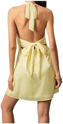 MakeMeChic Women's Satin V Neck Halter Mini Dress Silk Tie Open Back Sleeveless Cocktail Short Dresses, Yellow, M