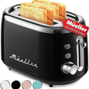 MÜELLERHOME Retro Toaster 2 Slice, 7 Browning Levels, 3 Functions (Reheat, Defrost, Cancel), Stainless Steel Features, Removable Crumb Tray, Under Base Cord Storage, Black 2 Pack