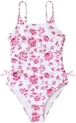 Milumia Girl's Floral One Piece Swimwear Bow Tie Side Spaghetti Strap Swimsuits 12Y