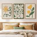 Framed Boho Abstract Wall Art Bedroom, 3 Piece Green and Yellow Mid Century Modern Canvas Artwork for Walls, Paintings Prints Botanical Floral Pictures for Living Room Dining Room Wall Decor, 16x24 In, 16" W x 24" H x 3Pcs