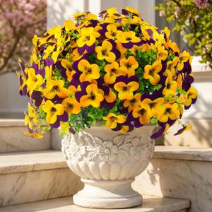 32 Pcs Artificial Pansy Flowers for Outdoor Faux Silk Spring Flowers for Outside, UV Resistant Realistic Pansies for Window Box, Planter, Front Door, Porch and Garden Home Decor (32, Purple,Yellow)