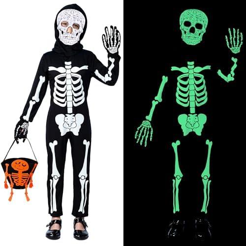 STOPKLAS Kids Skeleton Costume Glow in the Dark Halloween Skeleton Onesie Outfit for Boys Girls, Toddler Bone Jumpsuit with Pumpkin Candy Bag and Gloves for S