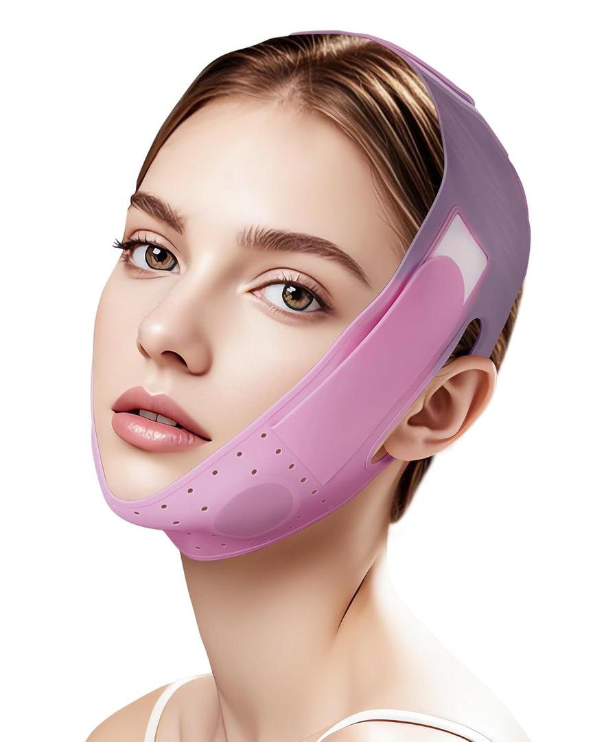 V-Line Sculpting Face Mask Silicone Chin Strap for Jawline Tightening & Double Chin Reduction (23-27 Inches) (Rose purple)