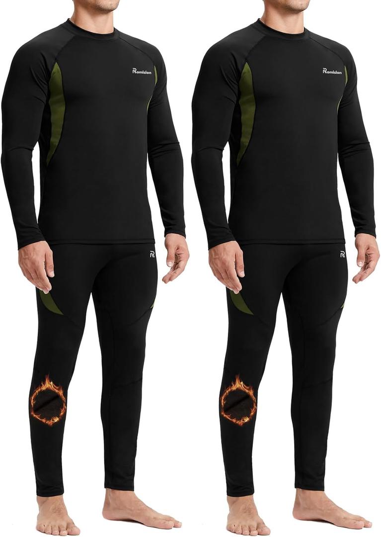 romision 2 Pack Thermal Underwear for Men Long Johns Fleece Lined Hunting Gear Bottom Top Set Base Layer Cold Weather (Medium), Black