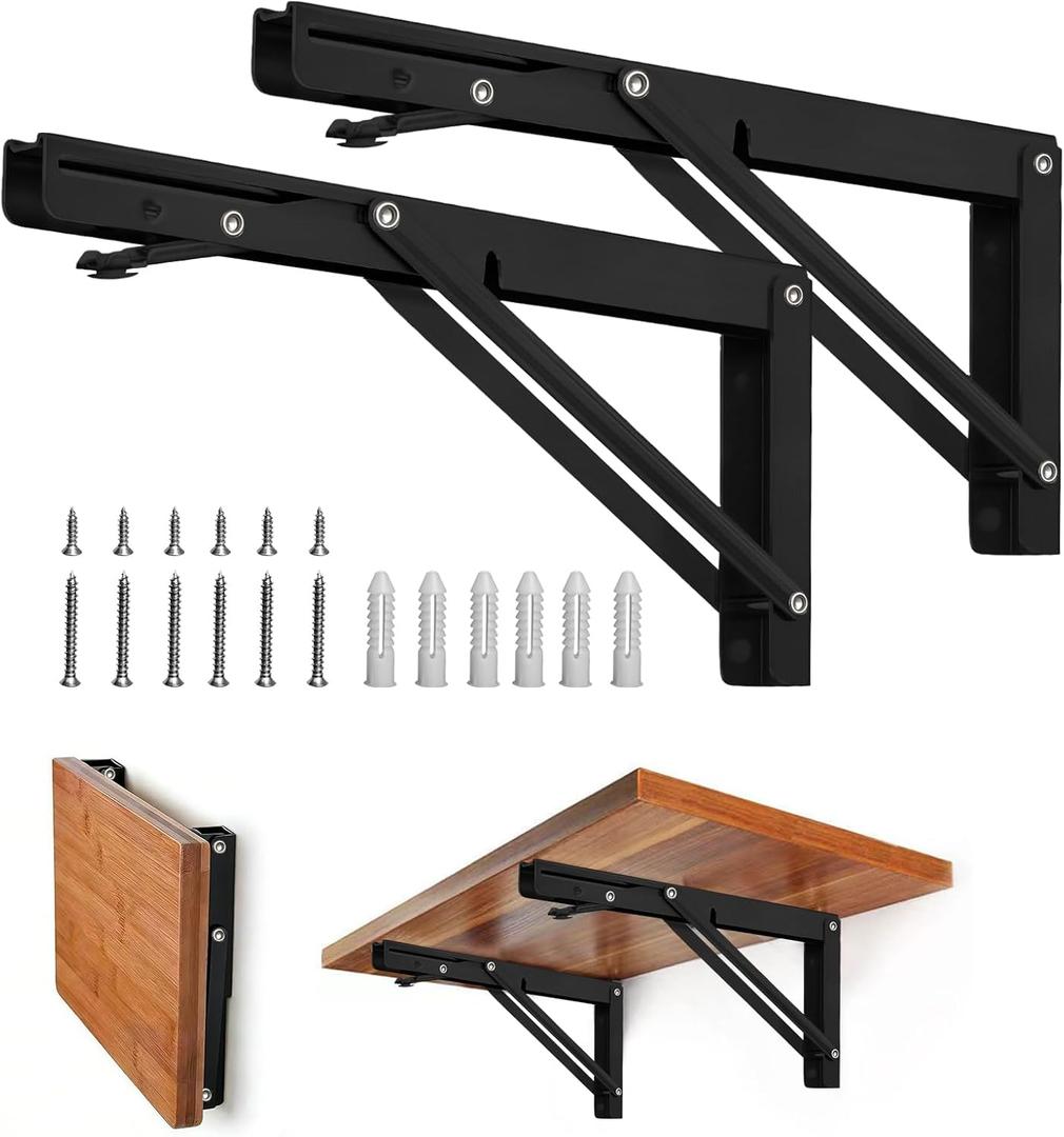 Storystore Folding Shelf Brackets - 8 Inch Heavy Duty Metal Collapsible Shelf Bracket for Bench Table, Shelf Hinge Wall Mounted Space Saving DIY Bracket, Max Load: 150 lb (2 PCS, Black)