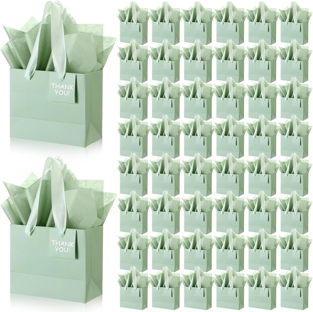 Zhanmai 100 Pcs 4.7 x 2.4 x 3.9 Inch Mini Gift Bags Bulk with Tissue Paper Kraft Paper Bag with Handle Gift Tag for Birthday Party, Wedding Showers (Sage Green)