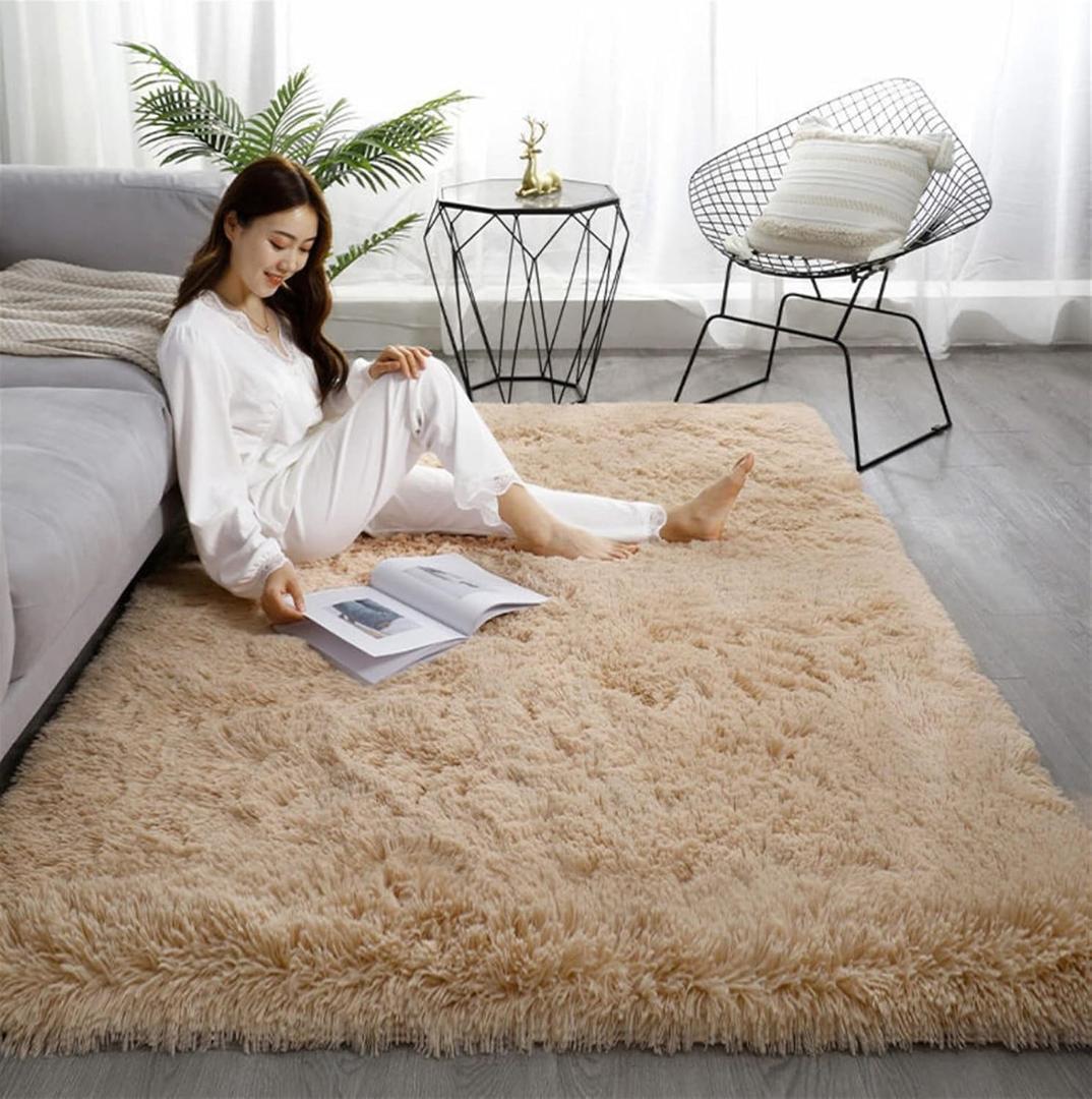 Fluffy Shaggy Area Rugs for Bedroom, Soft Non-Slip Plush Carpet Feet Floor Mats Rectangular Cozy Rug for Nursery Room Living Room Khaki, 4.6 ft x 6.6 ft