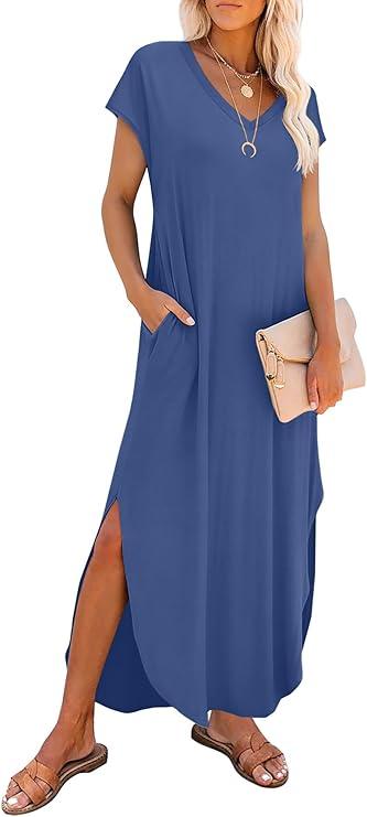RUMIA Summer Casual Maxi Dresses for Women- Women's V Neck Cap Sleeve Long Sundress with Pockets Beach Vacation, Size: Large