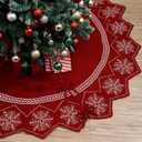 48inch Christmas Tree Skirt Wavy Edged Reversible Knitted Tree Skirt Burgundy & Snowflake Pattern Thick Rustic Xmas Trees Decorations with Lace Ties for Holiday Home Party Decorations