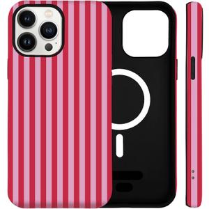 for iPhone 13 Pro Case Cute Striped Phone Case Compatible with MagSafe, Dual-Layer Shock Protection(Hard PC + Silicone) - Aesthetic Protective Phone Cover for Women Girl, Red and Pink
