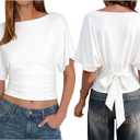 Womens Summer Tie Front Blouses 2026 Crew Neck Batwing Short Sleeve Basic Tops Shirts