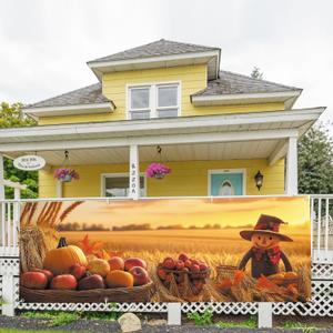 Large Happy Thanksgiving Banner 98''x35'' Thanksgiving Decorations Yard Sign Pumpkin Maple Leaf Scarecrow Banner for Fence Outside