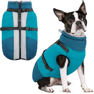 Small Dog Coat with Harness Built-in, Warm Dog Jacket with Zip, Reflective Winter Coat Pet Sweater Clothes for Small Dogs Schnauzer, Yorkshire Terrier, Shih Tzu, Turquoise S