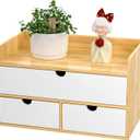 Desk Organizer with Drawers - Bamboo Desktop Organizer Storage | Natural-White Wood Desk Drawers Organizer for Bills, Office Supplies, Cosmetics, Seals No Assembly Required (13L x 6.6W x7.87H)