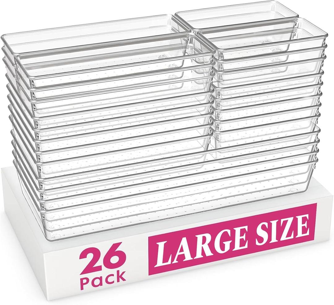 Criusia Large Drawer Organizer Bins 26 Pack | Complete 5 Size Clear Plastic Kitchen Drawer Organizers for Utensils | Bathroom Drawer Organizer Trays | Versatile for Makeup Office Organization