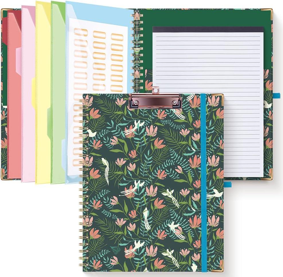 HAUTOCO Clipboard Folio with Refillable Notepad for Letter Size (11" x 8.5"), 5 Dividers with 10 Pockets, Elastic Pen Holder and File Folder Labels, Spiral Nurse Clipboard Artboard(Flower Bird)