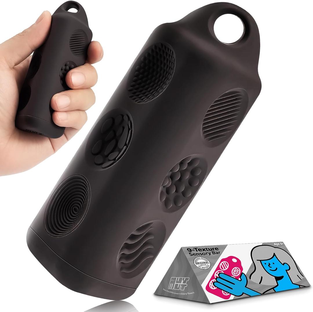 Fidget Toys Adults Sensory Bar – 9-Texture Portable Handheld Fidget Toy with Carabiner for Anxiety & ADHD Relief – Ideal for Kids, Teens & Sensory Seekers | Black