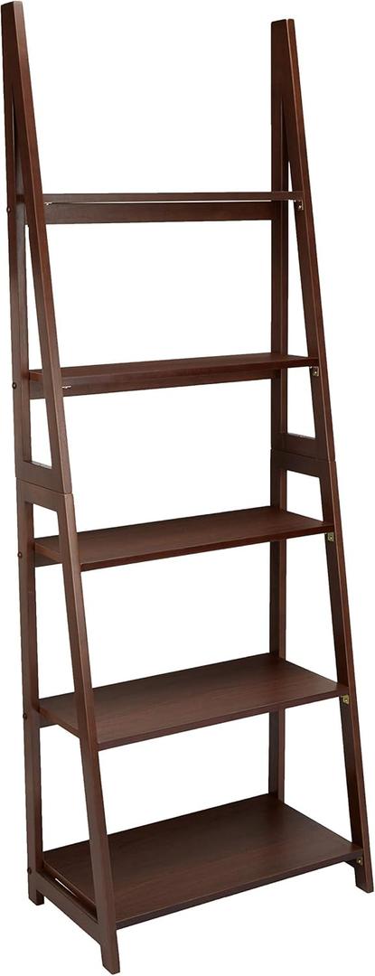 Amazon Basics 5-Tier Ladder Bookshelf Storage Organizer, Solid Rubberwood Frame, Space-Saving Bookcase, Sturdy Shelves, Walnut Finish, 14" D x 24.8" W x 70.1" H