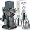 KEOUKE Rotary Cheese Grater Hand Crank Transparent - Shredder Slicer Grinder 3 Stainless Steel Blades, Stable Suction, Labor-Saving Handle, Safe Kitchen Tool for Cheese, Vegetable, Nuts, Chocolate (Grey Blue SP)