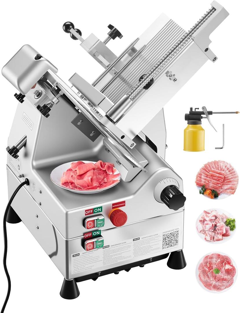 VEVOR Automatic Meat Slicer, 500W Electric Deli Slicer Machine with 10 inch Sharp 75Cr1 Steel Blade, 0-0.67 inch Adjustable Thickness, 633 RPM Fast Slicing, for Frozen Meat, Hard Cheese, and Bread