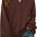 dowerme Oversized Sweatshirt for Women Casual Long Sleeve V Neck Comfy Fleece Pullover Tops Pockets Fall Outfits 2025 (Brown, S)