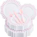 COLOSUS 150pcs Disposable Pink and White Stripped Plastic Plates and Silverware set, Light Pink Dinner/Dessert Plates silverware serve 30guests for Easter Day, Wedding Party and Daily use.