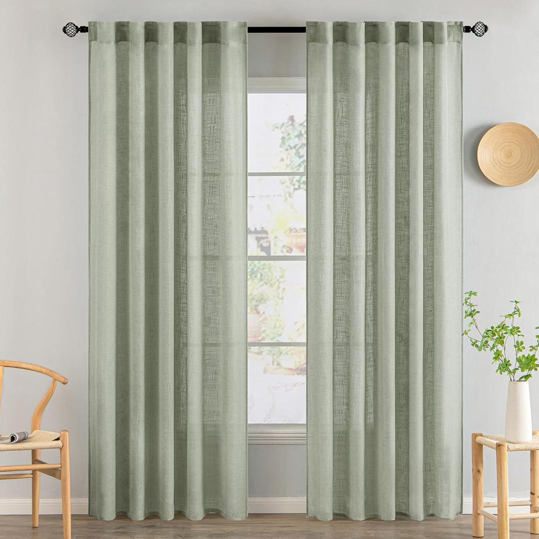 MIULEE Sage Linen Curtains 84 Inch Length 2 Panels for Bedroom Living Room,Green Soft Thick Linen Textured Window Drapes Semi Sheer Light Filtering Back Tab Rod Pocket Burlap Look Decor