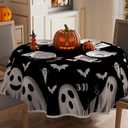 XCHI Spooky Black Ghost Halloween Tablecloth Round Washable Table Covers for Indoor Outdoor Dining Home Party Decorations Table Cloth 60x60 Inch