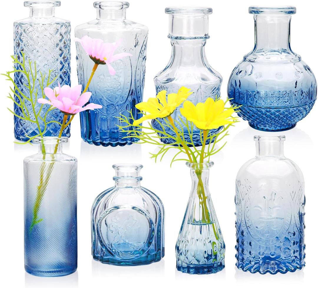 Brajttt Navy Blue Flower Vase Set, Glass Bud Vase in Bulk Set of 8,Artistic and Cultural Flavor Mini Vases for Home Office Decor, Bedroom, Office, Living Room Decorations,Wedding (Navy Blue-8pcs)