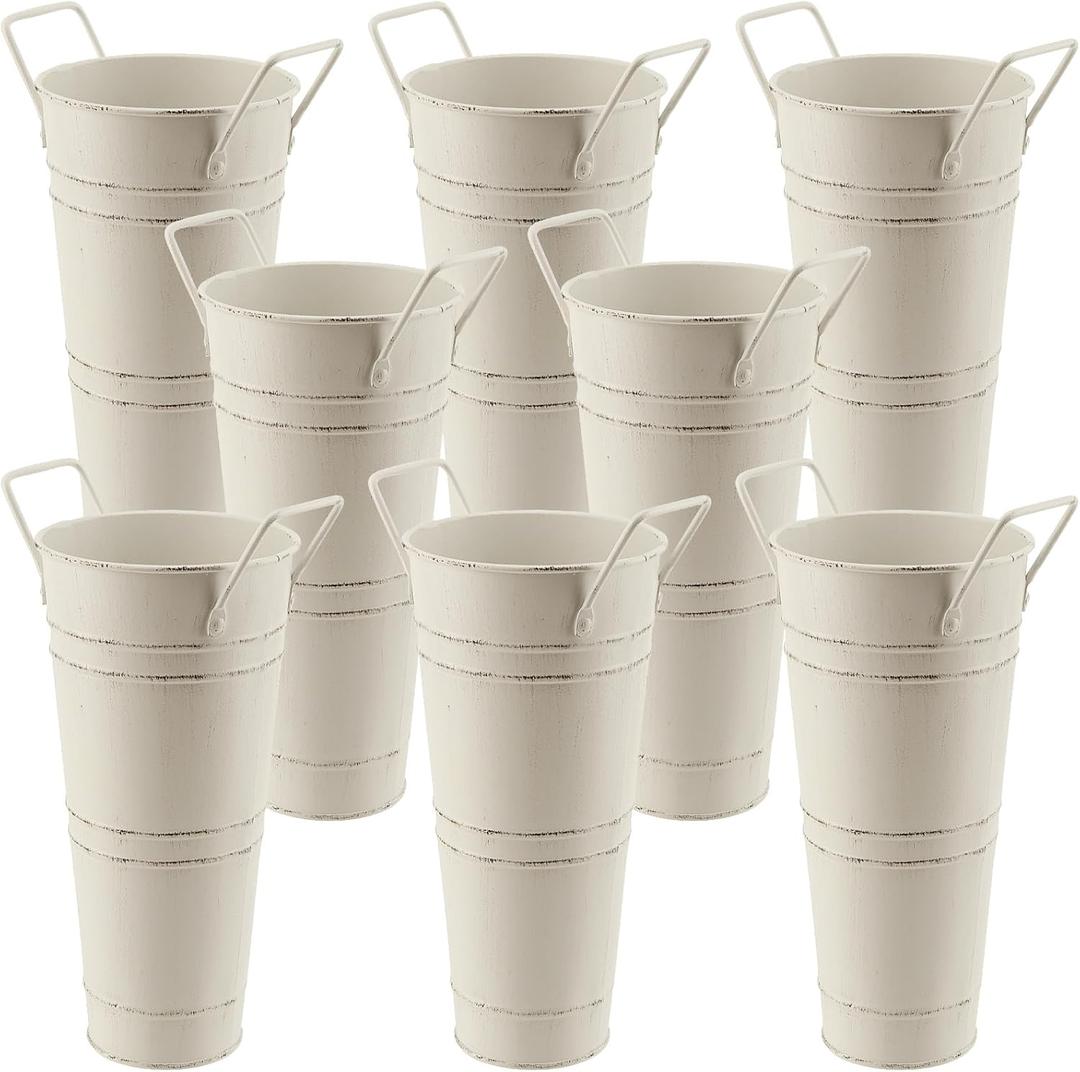 8 Pack 9 Inch Tall Galvanized Flower Bucket, Beige Farmhouse French Flower Bucket with Handle, Rustic Vintage Metal Vases for Flower, Centerpieces, Floral Wedding Arrangements