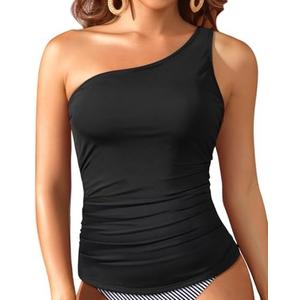 Tempt Me Tankini Tops for Women One Shoulder Swim Swimsuit Top Only Ruched Tummy Control Bathing Suit M