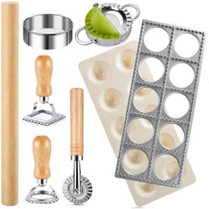 Pasta Making Tools,Wood Pasta Making Kit with 3 Rolling Pins,Gnocchi Board,Dough Cutter,Ravioli Cutter,2 Pasta Stamps,Making Dumplings.Pasta Making Accessories for Home (9 piece)