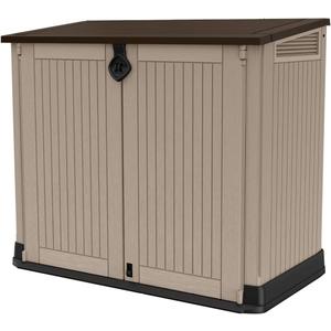 Keter Store-It-Out MIDI Outdoor Resin Storage Shed Weather-Resistant Horizontal Cabinet for Trash Cans, Garden Tools & Patio Accessories Lockable, Easy-Lift Lid, 30 Cu. Ft. Capacity, Beige