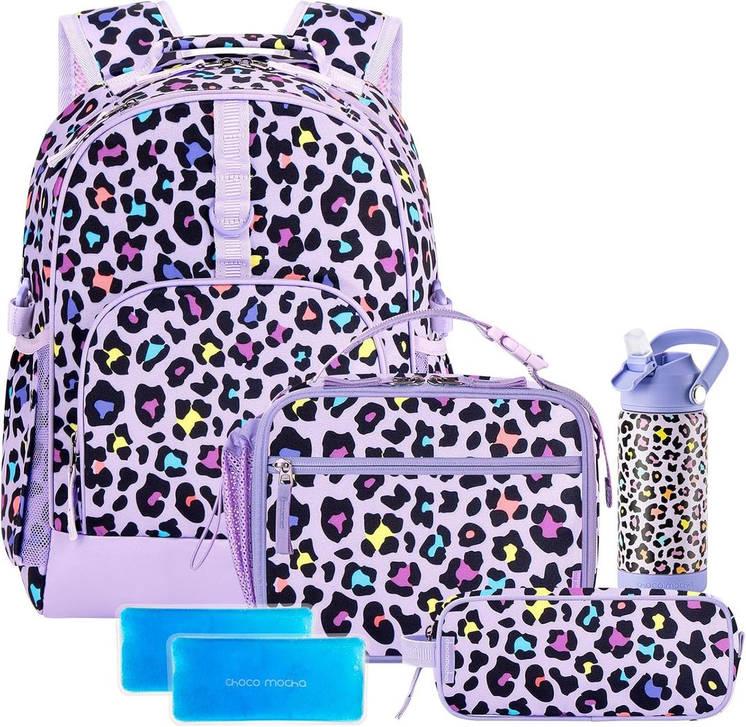 Choco Mocha Cheetah Backpack School Backpack Set for Girls, Kids Backpacks and Lunch Box Set with Water Bottle Elementary School 17 Inch Bookbag, Purple