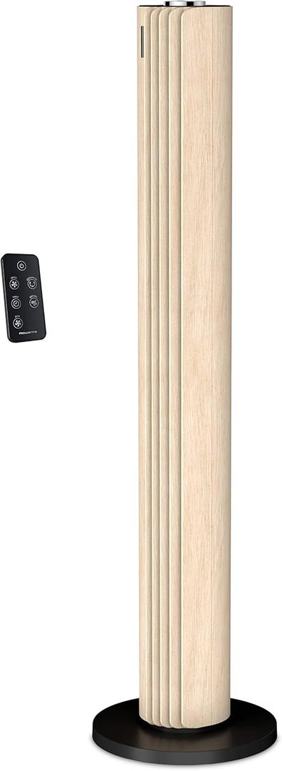 Rowenta, Tower Fan, Urban Cool Silent Tower Fan, Quiet Floor Fan for Bedroom with 3 Speeds, Oscillation, Remote Control, Timer, Black + Wood Effect, Indoor, VU6770 (Ultra Quiet Noise Level)