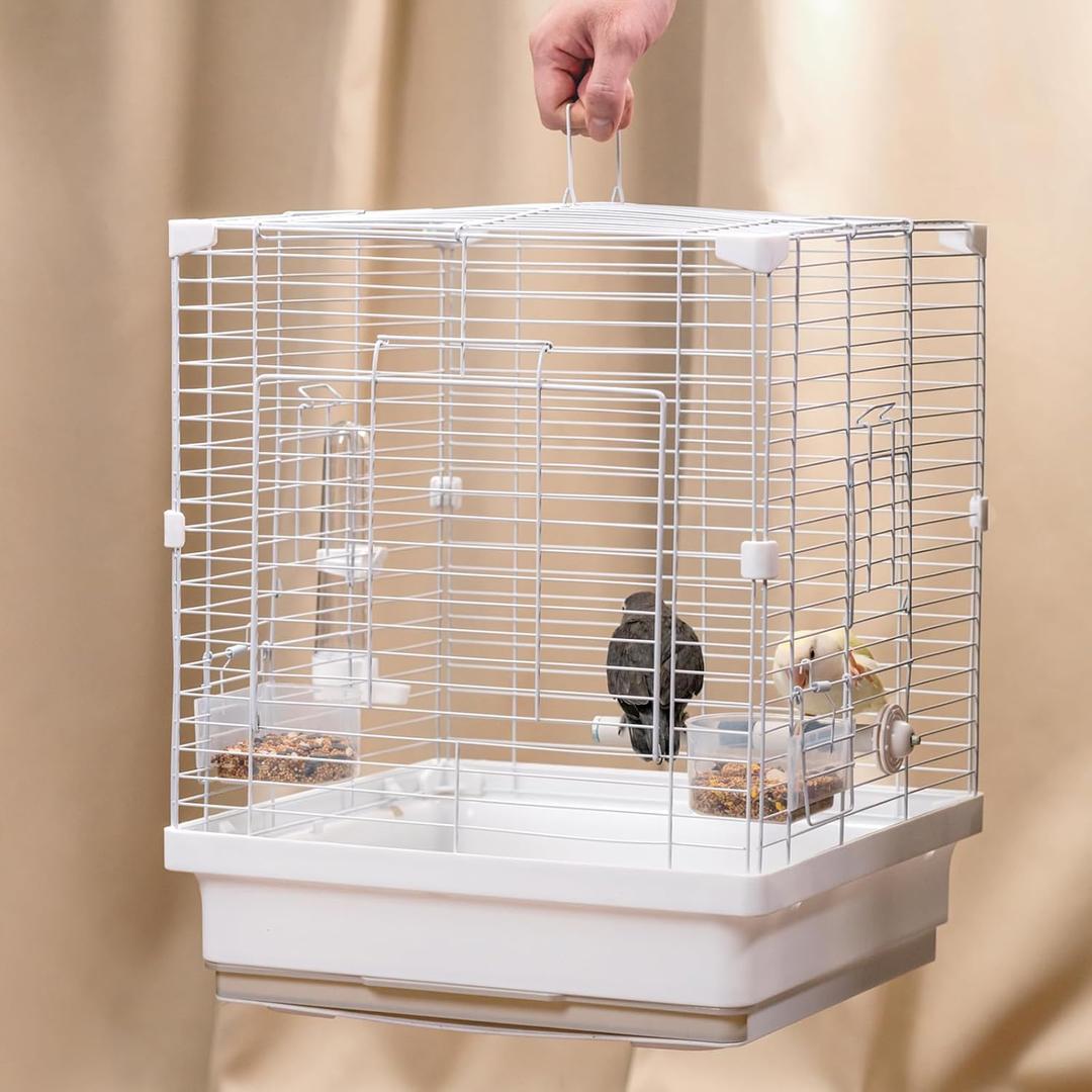 17.3" Portable Travel Bird Cage, Parrot Cage, Ample Room for Tail Movement, with Food Box, Perch, Water Bottle, for Vet Visit, Short Trip, Parakeet, Cockatiel, Budgie, Small Medium Birds (White)